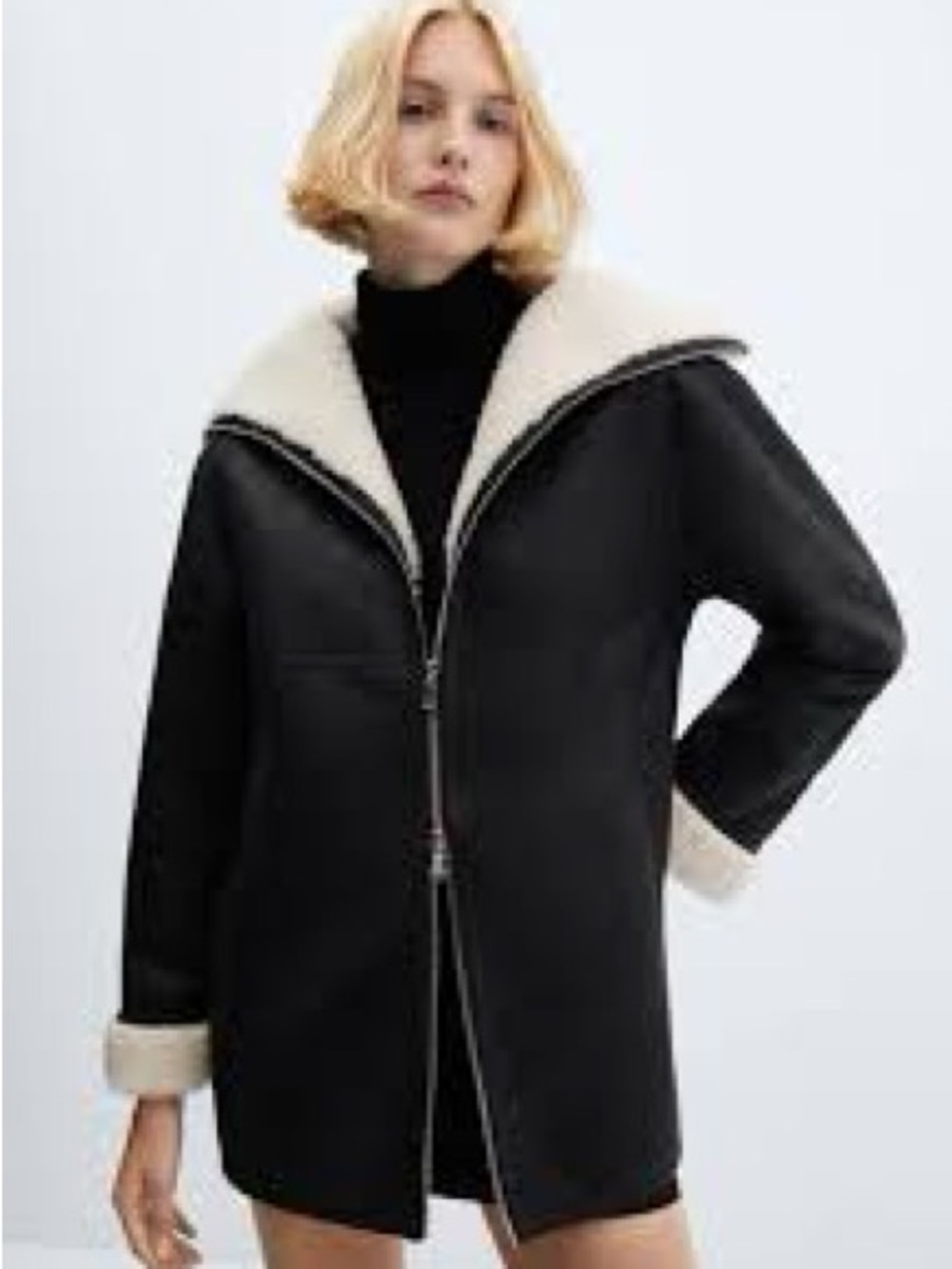 Mango Faux Shearling Zip-Up Jacket in Black with Cream Lining